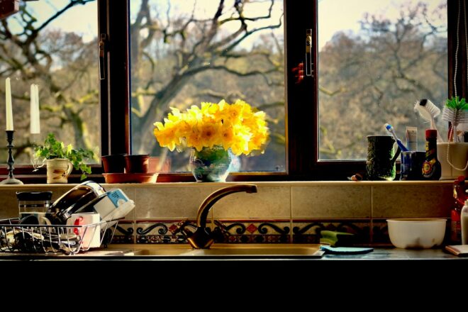 cheerful kitchen window view with daffodils