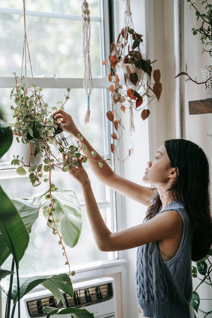 woman in gray tank top holding green plant