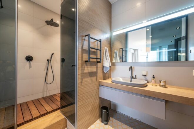 contemporary bathroom with wooden details